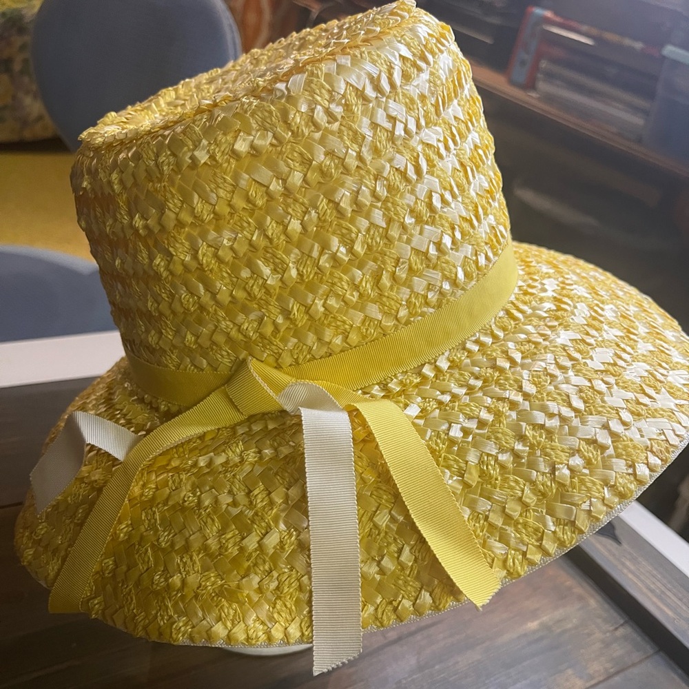 Vintage Yellow Straw Hat With Ribbon Union Made 6.5 Inches 1950/60’s Era